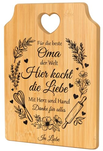 Bambu skärbräda present till mormor – med hjärthängare & blomsterkrans gravyr – kärleksfull födelsedagspresent till världens bästa mormor