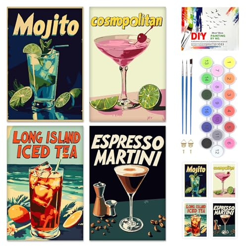 QENSPE 4 Pack Paint by Numbers Kit Cocktails, Stretched Canvas Boards for Painting for Adults Retro, Wrinkle-Free Acrylic Oil Painting for Students Beginners, Drawing Party Supplies (20x30 cm)