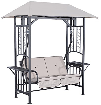 Outsunny Outdoor Garden 2 Seater Canopy Swing Chair Seat Porch Loveseat Vintage Hammock Cushioned Seat w/and Side Drink Panel