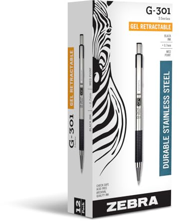 Zebra Pen G-301 Retractable Gel Pen, 0.7mm Medium Point, Stainless Steel Barrel, Textured Grip, Easy Glide Ink Provides a Smooth and Skipless Writing Experience, Black Ink, 12-Pack (41310)