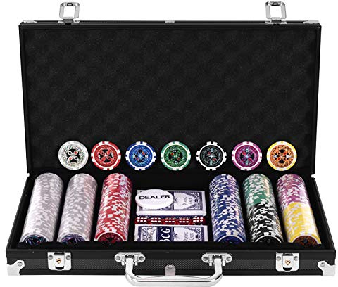 RELAX4LIFE Mallette de Poker 300 Jetons avec Adhésifs Brillants à Laser, Poids Jeton Travaillé à 11,5G, Jeu Complet avec 2 Jeux de Cartes, 1 Boutons Dealer, 5 Dés Rouges, Mallette Noir/Argenté (Noir)