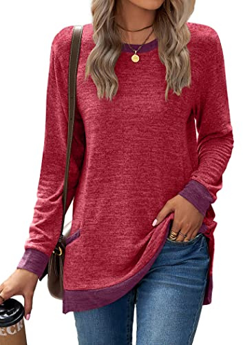 Famulily Ladies Longline Tops Color Block Jumper Sweatshirt Round Neck Long Sleeved Cotton T Shirts with Pockets Red M