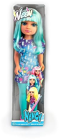 Nancy - muñeca con el Pelo de Color Azul neón Llamativo, con Flequillo y Liso, Pelo para peinar y Hacer Diferentes Looks Modernos, Medias y Maquillaje a Juego, 3 años, Famosa