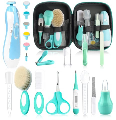 Kit de aseo para bebés, kit de recortadora de uñas eléctrica de seguridad, juego de cuidado de seguridad infantil con cepillo de pelo, peine, cortaúñas, aspirador nasal, kit esencial para bebés recién