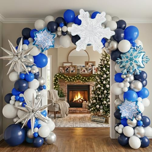 Winter Wonderland Balloon Garland arch kit 128 Pcs large Snowflake balloons Navy Blue white silver Balloons For boy Birthday Party Baby its cold outside baby shower Snow Queen Princess decorations