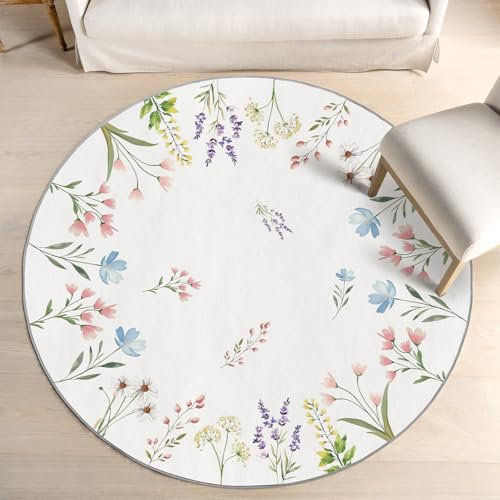 Artoid Mode Daisy Blumen Blätter Pflanzen Frühling Teppich, Rund 120 cm Sommer Relax Kuscheliger Anti-Rutsch Unterseite Küche Wohnzimmer Dekoration