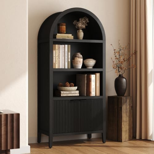 Yusong 180cm Tall Arched Cabinet, 5-Tier Arched Bookshelf, Arch Storage Display Cabinet with Fluted Doors and Shelves, Modern Farmhouse Bookcase Kitchen Pantry for Living Room Bedroom, Antique Black