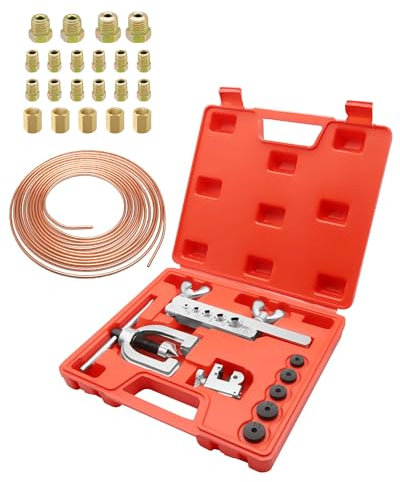RUIZHI Bördelgeräte für Bremsleitungen Kit, mit 7,62m Ø1/4'' | 6,35mm Bremsleitung aus Kupfer, Rohrschneider, mit 16 Anschlüssen+5 Verbinder