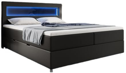Boxspringbett Relax 180x200 mit LED, Stauraum und USB-C | Bezug: Kunstleder | Farbe: Schwarz | Härtegrad: H3 (70-100kg)