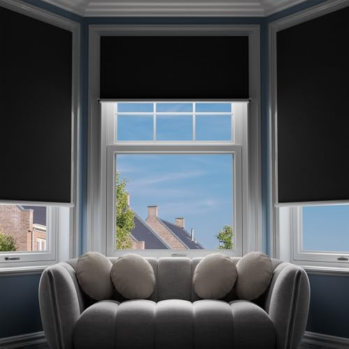 G-WACK Blackout Curtains, No Drill Blinds for Indoor Windows with Magnetic Snaps,100% Blackout Roller Shades Window Cover, Heat-Insulated Black Out Blinds & Shades for Various Scenes(34 x 60,Black)