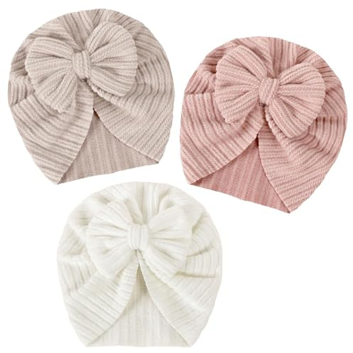 LECTNORE Baby-Turbanmützen mit Schleife, Dehnbare Beanie-Mützen 3er-Pack