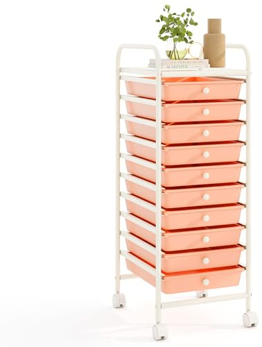 COSTWAY Carrello con 10 Cassetti da Stoccaggio, Cassettiera di Metallo e Plastica, Contenitore Multiuso con Ruote a Freno, per Casa e Ufficio (Arancia)