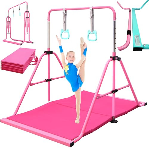 PreGymnastic Folding Gymnastics Bar with Rings, Foldable Kip Bar with Sturdier Base, Training Bar for Kids Ages 3-10, Horizontal Bar, Home Gym Equipment for Boy Girl(Foldable Bar with Mat,Pink-Mat)