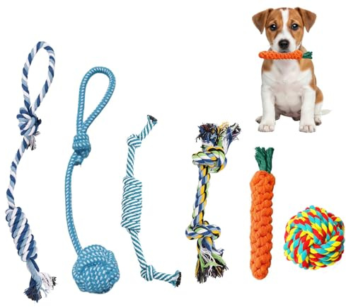 Helweet Juguetes para Perros, Juguetes de Cuerda para Perros, Juguete para Morder para Perro, para Cachorros Pequeños Medianos, 6 Piezas