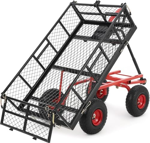 RBFGYIOP Carrello da giardino pesante in acciaio – Portata 400kg – Sponde a rete rimovibili – Ruote tutto terreno da 10 – Manico rotante a 180° – Include fodera – 880lbs