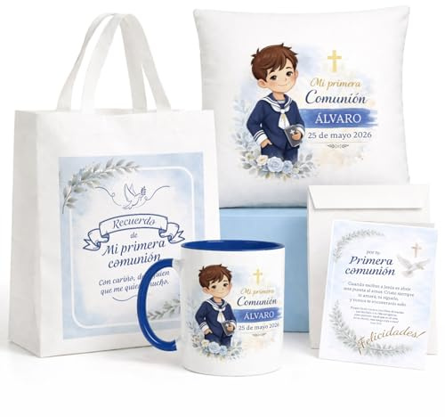 Kembilove® Pack Primera Comunión Niño Personalizado con Nombre y Fecha – Bolsa, Taza, Cojín y Tarjeta – Regalo Original y Decorativo – Recuerdo Emotivo