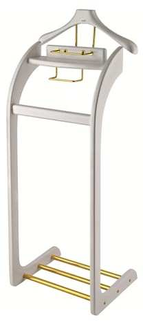 Elegant kostymställ i massivt trä – elegant beteendeställ för män med konturhängare, byxstång, slips- och bälteskrokar, skoförvaring – modern vit design för hem och kontor