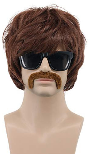 VGbeaty Herren Hippie Perücke Braun Kurz Disco Sänger Perücke mit Schnurrbart tash Cosplay Kostüm Perücke