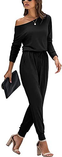 YUNDAI Womens Jumpsuits One Piece Casual Off Shoulder Playsuit Long Sleeve Overalls Elastic Waist Stretchy Romper with Pockets Large,Black