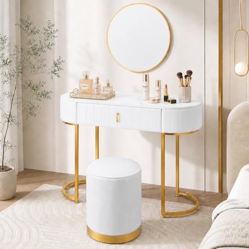 Makika Sminkbord med Pall och Spegel - Makeup Hårstyling Kosmetisk byrå Guld Ram Organizer - Sminkning, styling och hårfixande Smyckeförvaring 1 låda Möbel Sovrum Omklädningsrum Skrivbord - JOLIE
