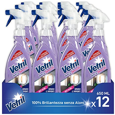 Vetril - Detergente Spray Vetri e Specchi con Azione Anti Aloni, Rimozione di Impronte, Tecnologia Asciuga Rapido, In Ecoflacone, 650 ml x 12 pezzi