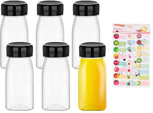 Paquet de 6 bouteilles de jus en plastique avec 1 étiquette de fruit, avec couvercles hermétiques pour le stockage de lait, smoothies, boissons maison