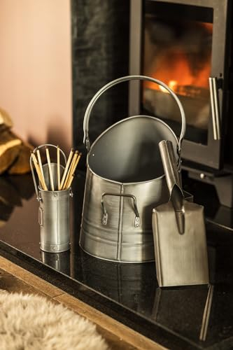 Marco Paul Seau à charbon, pelle à charbon et boîte d'allumettes – Seau à charbon en métal robuste pour accessoires de cheminée, seau à feu (argenté) – Seau à cendres en fer noir – 38 cm
