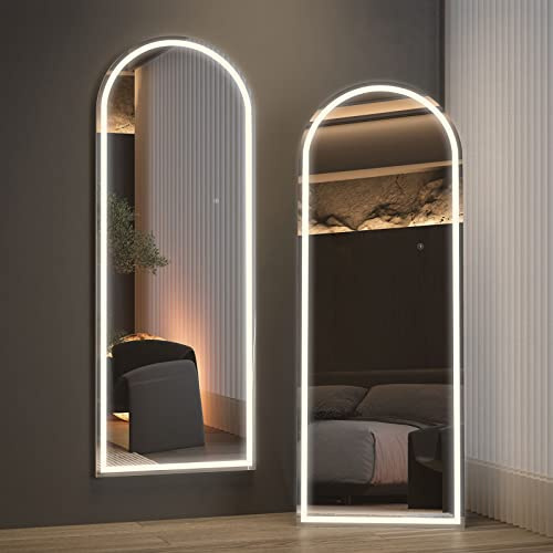 CASSILANDO 160 x 50 cm ArchedFull Length Mirror with LED Lights, Free Standing Floor Wall Mounted Mirror, Color Dimmable & Brightness Adjustment for Bedroom, LED, White with Stand
