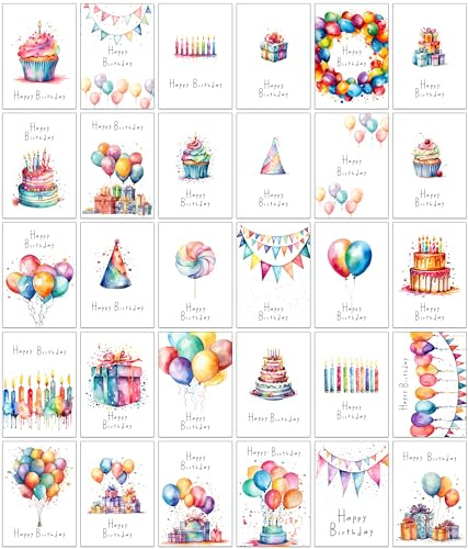 the lazy panda card company 30 Tarjetas de cumpleaños de acuarela brillante con sobres hechos de papel reciclado 30 diseños diferentes (30 tarjetas de cumpleaños de acuarela)