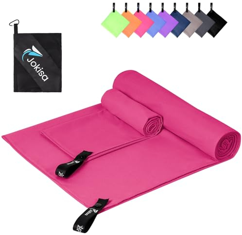 Jokisa Mikrofaser Handtuch 2er Set, 180X90cm Strandtuch Mikrofaser + 80X40cm Sporthandtuch, Schnelltrocknendes & Sandfrei Handtücher für Outdoor Sauna Strand Trekking (Rosa)