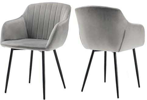 Goeurvant Polsterstuhl mit Armlehne Esszimmerstühle 2er Set Küchenstuhl Armlehnenstuhl Samt Stühle Esszimmer Metallbeine Wohnzimmerstuhl, Hellgrau