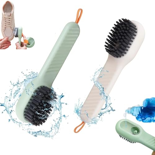 Shoe Cleaning Brush 2Pcs, Multifunftional Shoe Brushes with Soap Dispenser, Long Handle Shoe Laundry Brush, Carpet and Kids Toys - Travel-Friendly Design (Green & Cream)