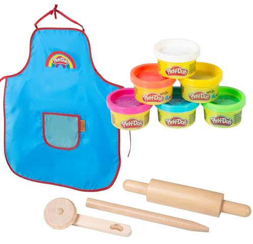 roba x Play-Doh Set di Gioco - Strumenti in Legno FSC - 6 Barattoli di Pasta da Modellare e Grembiule - Regalo Sostenibile per Bambini a Partire da 3 Anni