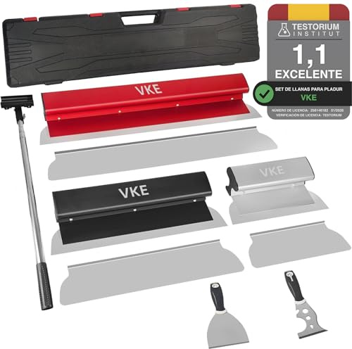 VKE Kit Coltelli da rivestimento, Spatola rivestita professionale con manico telescopico, perfetto liscio in acciaio 25/40/60 cm, strumento VKE Llana Para Alisar Paredes Grandes de 8 Piezas