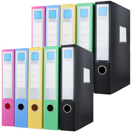 MUKSUET 10 PCS A4 Office Box Files, Colourful File Folder Organizer Boxes, Document Storage Filing Box, Plastic Archives Cases with Lid for Office, Home, School, 31 x 23.6 x 5.5cm