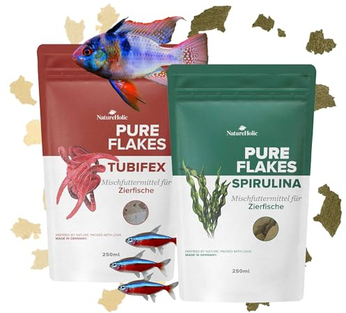 NatureHolic Premium Akvarium fiskfoderflingor All in One Sorglopack | Akvarium fiskfoder flingor – laboratorietestad | Tillverkad i Tyskland | 2 x 250 ml