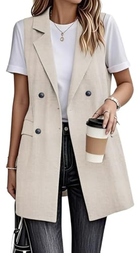 IDEALSANXUN Long Vest for Women Sleeveless Linen Blazer Suit Jackets 2026 Spring Summer Lightweight Trench Coat Outerwear Waistcoat, Beige, M