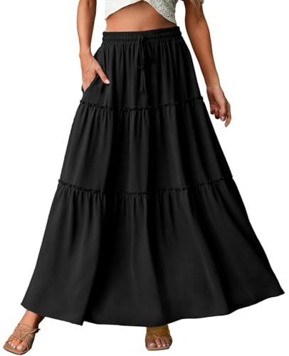 Genfien Gonne Lunghe da Donna Maxi Gonna a Vita Alta con Tasche Linea A Gonna Estiva Basic Elasticizzata a Pieghe Casual