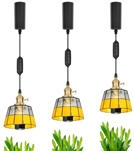 SKIVTGLAMP Adjustable Height Full Spectrum 10W Plant Growing Lamp H-Type Track Pendants Timer, Yellow Geometric Pattern Glass, Tiffany Cover AUTO Halo Track for Basil Indoor Green House, Customizable