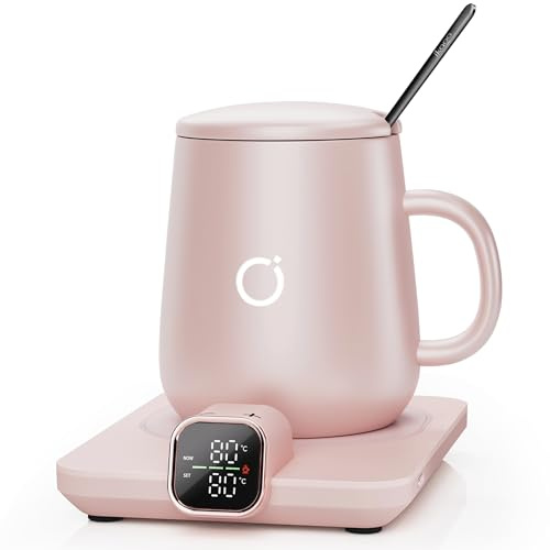 Elektrischer Tassenwärmer Set mit 1 °C Temperaturregelung und Echtzeit-Temperaturanzeige, automatischer Abschaltung, Kaffeewärmer für Schreibtisch & Büro – praktische Geschenkidee, Rosa