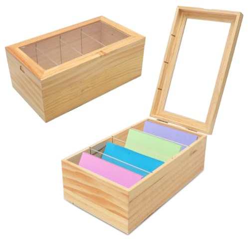 LOMUG Scatola per schede, in legno A7, con coperchio trasparente, antipolvere, per ufficio, scuole, 25,4 cm x 15 cm x 10,2 cm