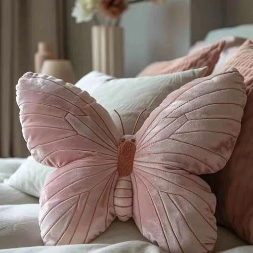 Cuscino decorativo a forma di farfalla, velluto rosa, dettagli glitterati, cuscino per divano soggiorno (20 cm) (rosa-2)