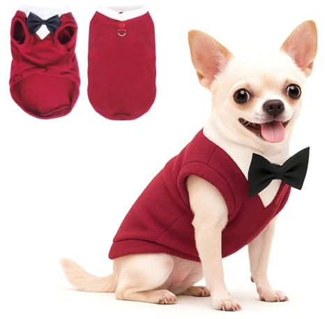 Yoolhamy hundtröja med fluga vinterkläder husdjur smoking kläder för små medelstora hundar varm fleece kostym tröja för chihuahua schnauzer shih tzu yorkie jul födelsedag (röd, S)