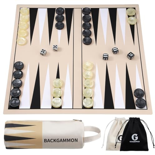 15.75 Inch Backgammon Set, Premium Silicone Backgammon Travel Classic Board Games for 2 Players, Foldable Portable Game Set with Carrying Storage Bag (Khaki)