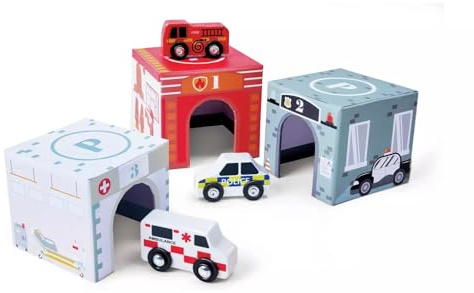 Wooden Emergency Vehicles Play Set, Community Helpers Toy with Fire Station, Police Station & Hospital Garages, Stacking Role Play Toy for Toddlers 12+ Months