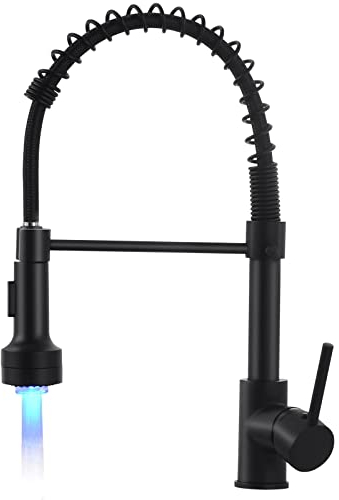 AIMADI Wasserhahn Küche Armatur Schwarz LED Küchenarmatur mit Brause 360° schwenkbar Mischbatterie Spültischarmatur Spiralfederarmatur