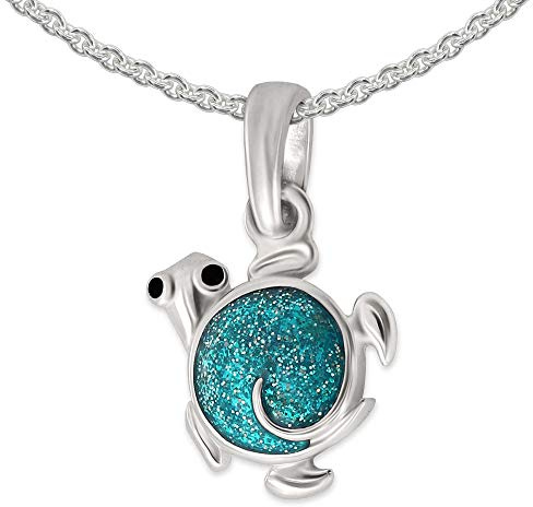 CLEVER SCHMUCK Collana per bambini, con ciondolo a forma di tartaruga, 10 x 9 mm, rotonda, turchese, verde, blu, effetto glitter, vernice e catena di piselli, 40 cm, in argento sterling 925, in
