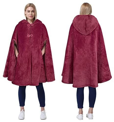 Catalonia Classy Poncho da donna con cappuccio, cappotto mantello in pile sherpa, mantella morbida e calda e avvolgente, coperta indossabile in peluche per adulti, idea regalo per adulti e ragazze