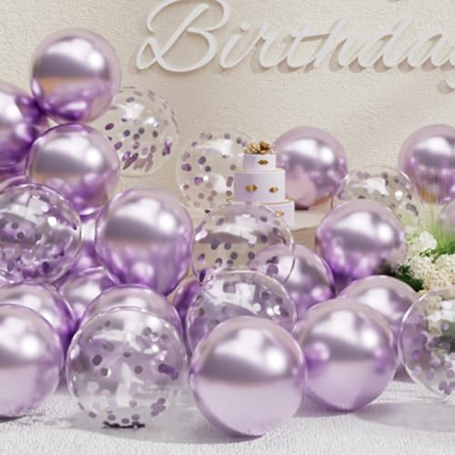 SUWEN Palloncini Lilla Metallizzato e Palloncini a Coriandoli Lilla 47 Pezzi 25cm 10 Pollici Metallici Adatti ad Elio per Decorazioni Feste Matrimoni Compleanni Laurea San Valentino Cerimonie