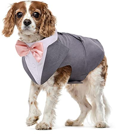 Hund smoking kostym och bandana set husdjur kappa formell bröllop fest kläder valp bröllop fluga slips skjorta justerbar för bröllop födelsedag fest halloween julkostymer (grå, M)